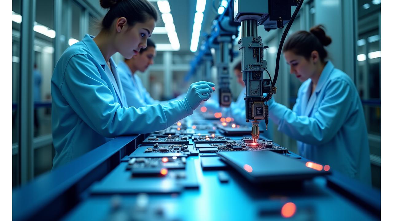Moderní montážní linka s roboty a techniky